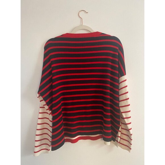 Cabi Red, Black & Cream Striped Long Sleeve Sweater With Pockets Size L - Picture 3 of 5